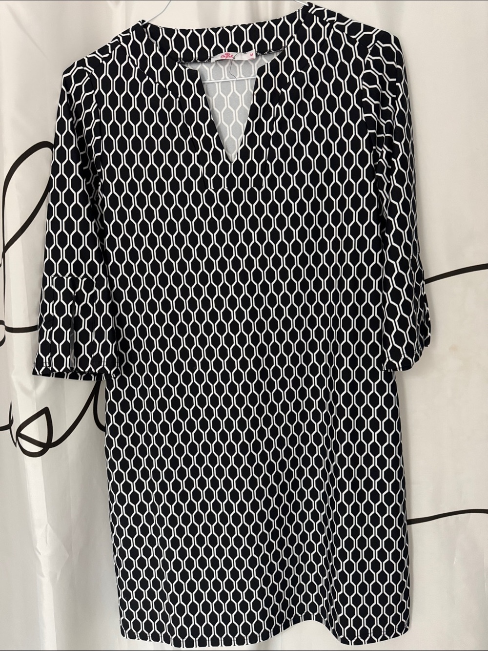 Black and White Geometric Midi Dress with V-Keyhole Neckline